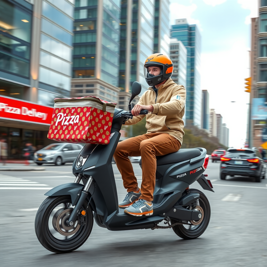 Dynamic action shot of PizzaPizza delivery driver on electric scooter with insulated pizza delivery bag, speeding through urban Canadian street with motion blur effect, modern city buildings in background