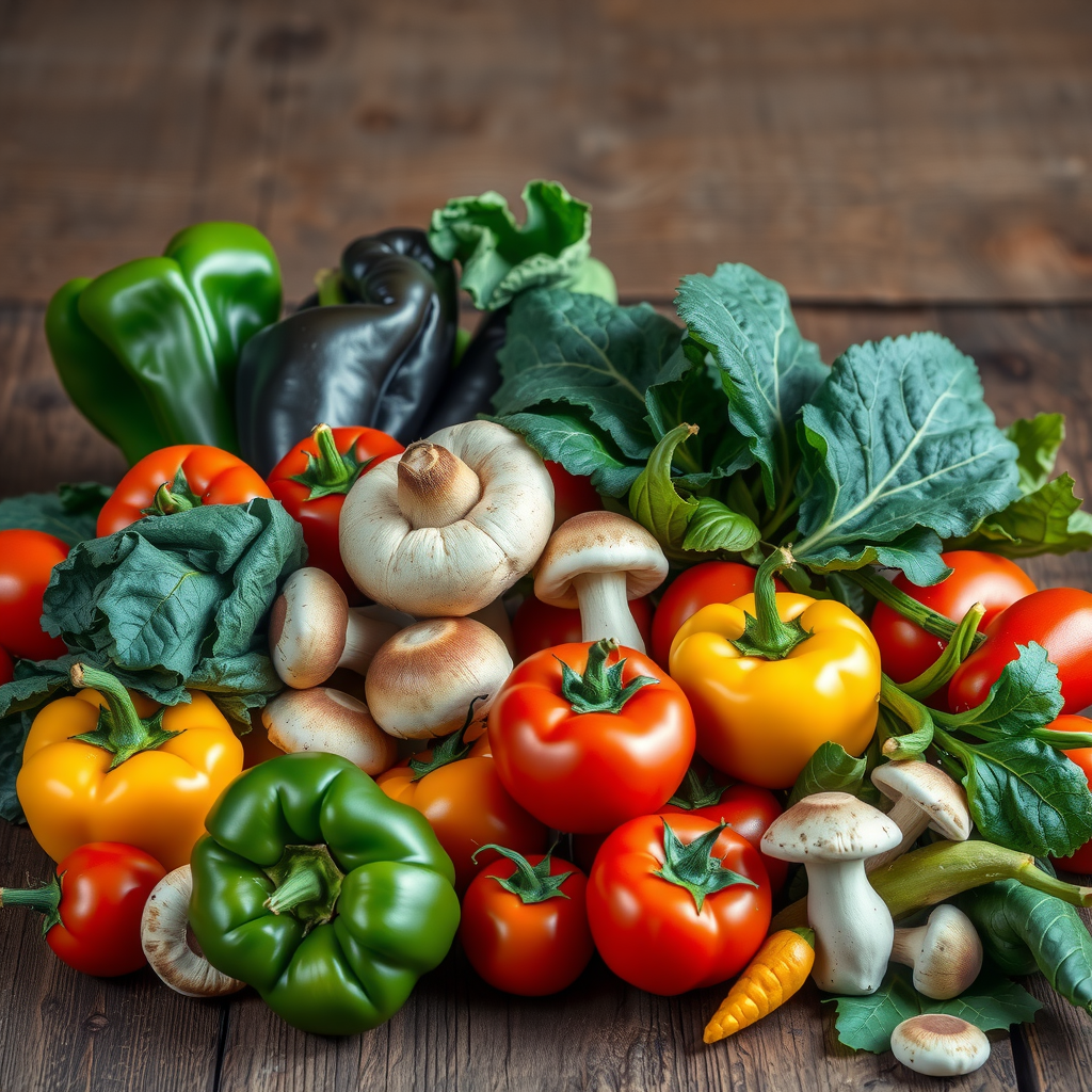 Fresh organic vegetables including peppers tomatoes mushrooms and leafy greens arranged on a rustic wooden surface with natural lighting highlighting their vibrant colors