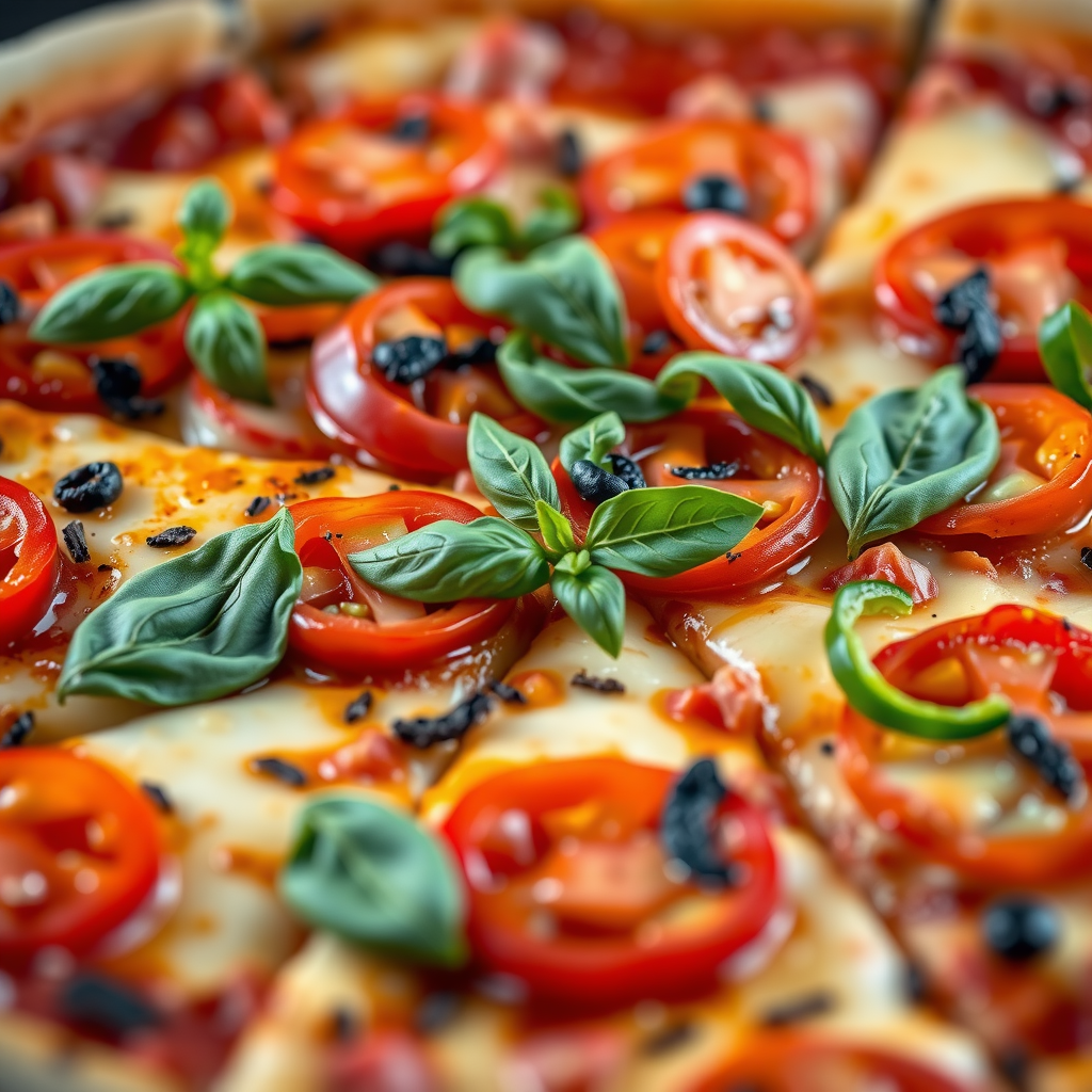 Close up of fresh pizza with vibrant red tomatoes, bright green basil, colorful peppers and melted cheese showing exceptional ingredient quality
