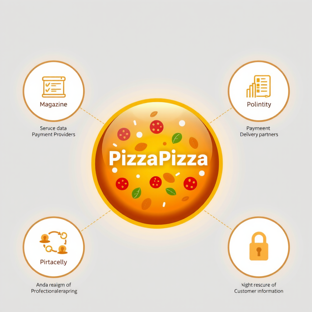 Network diagram illustrating PizzaPizza's secure data sharing ecosystem with service providers, payment processors, delivery partners, and security measures protecting customer information