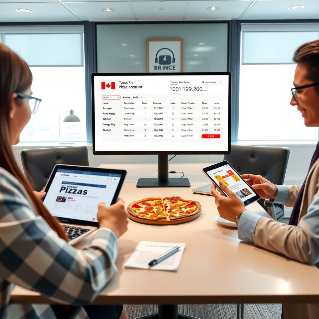 Modern office setting with business professionals using laptops and tablets to place group pizza orders, corporate account dashboard on screen showing recurring order schedule, team ordering platform interface, invoice management system, and scheduled delivery calendar for Canadian businesses