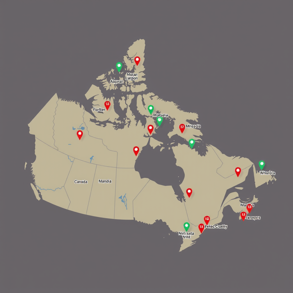 Interactive map of Canada showing PizzaPizza delivery zones across major cities and regions with location markers and coverage areas highlighted
