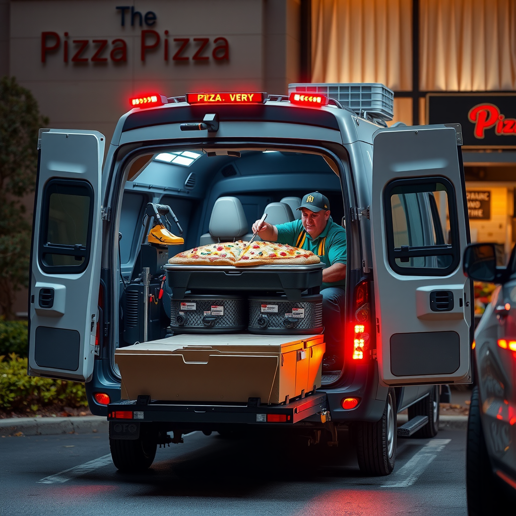 Professional PizzaPizza catering delivery vehicle arriving at event venue with driver unloading large catering order using specialized warming equipment