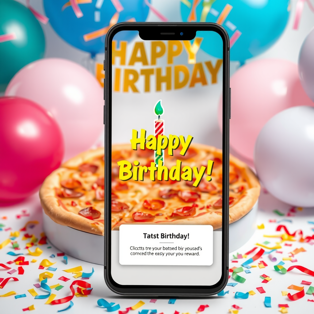 Happy birthday celebration with pizza, balloons, and confetti, featuring special birthday reward notification on mobile phone screen