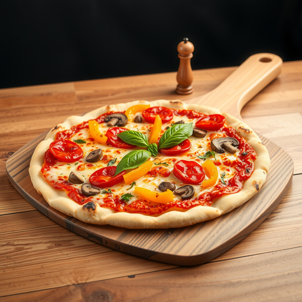 Beautifully crafted custom PizzaPizza with perfectly balanced toppings including pepperoni, mushrooms, bell peppers, and fresh basil on a wooden pizza peel, showing ideal cheese melt and golden crust with steam rising, professional food photography lighting