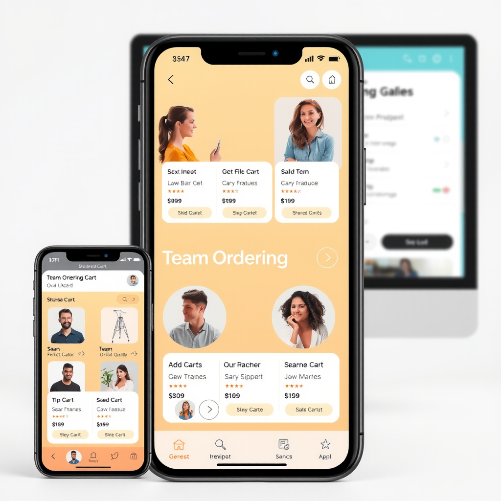 Mobile and desktop screens showing team ordering interface with multiple users adding items to shared cart