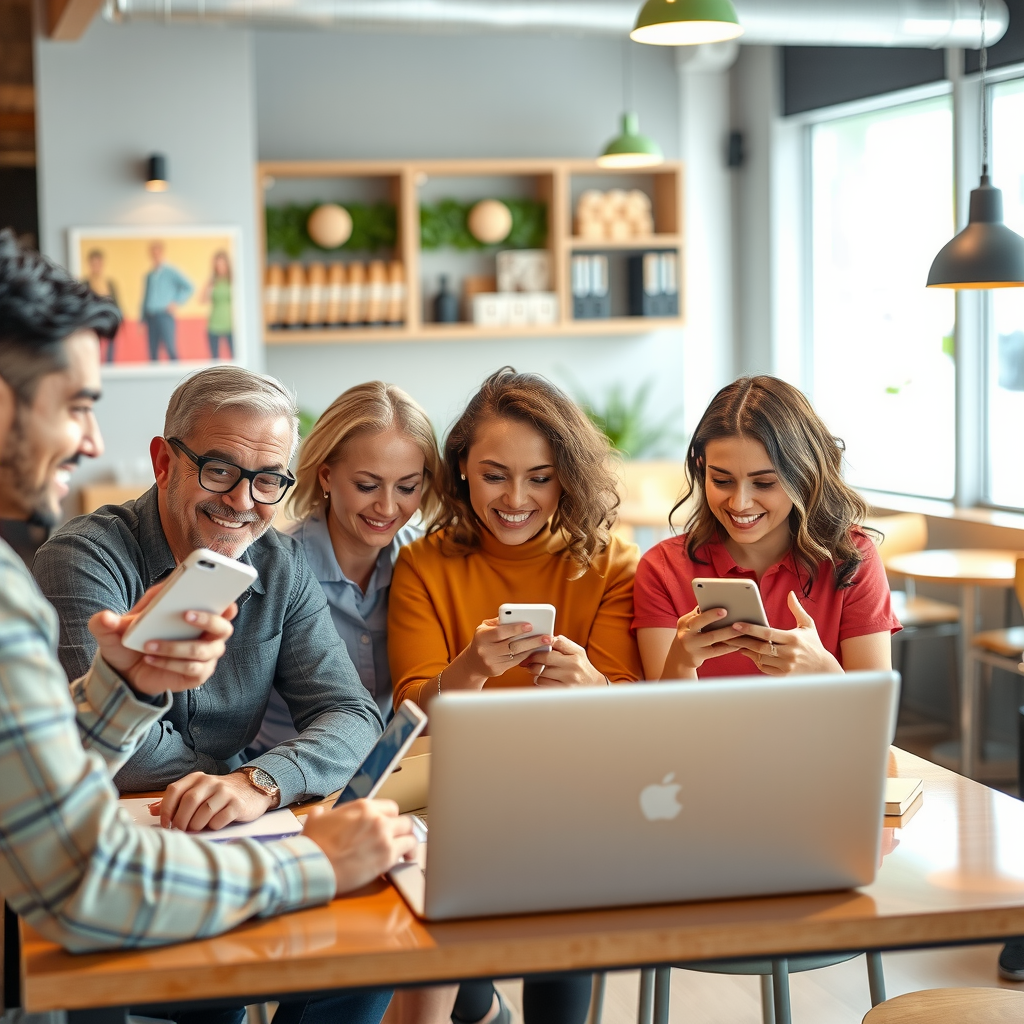 Diverse group of happy customers using laptops and smartphones to order from PizzaPizza website, modern cafe setting with people of different ages responsibly using the online ordering service, bright and welcoming atmosphere
