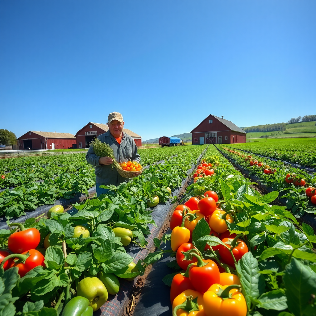Vibrant Canadian farm landscape with rows of fresh vegetables, tomatoes, bell peppers, and herbs in foreground, farmer holding basket of produce, red barn and green fields in background under bright blue sky