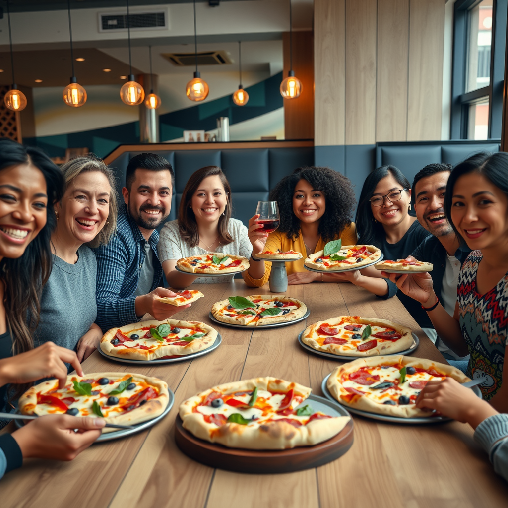 Happy diverse group of people sharing vegan pizzas at a modern restaurant table with smiles and excitement showing the pizzas and enjoying the meal together