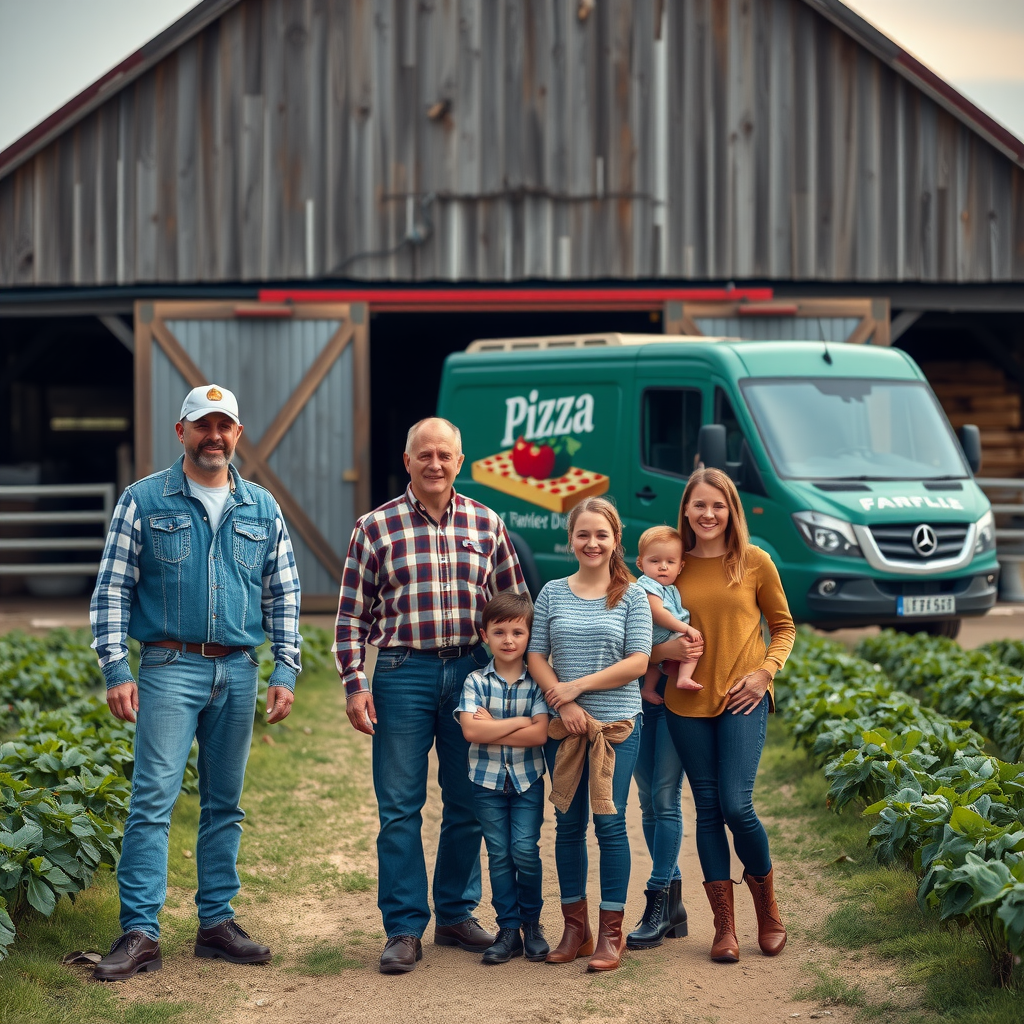 Farm family standing proudly in front of their barn with PizzaPizza delivery truck in background showing partnership and community