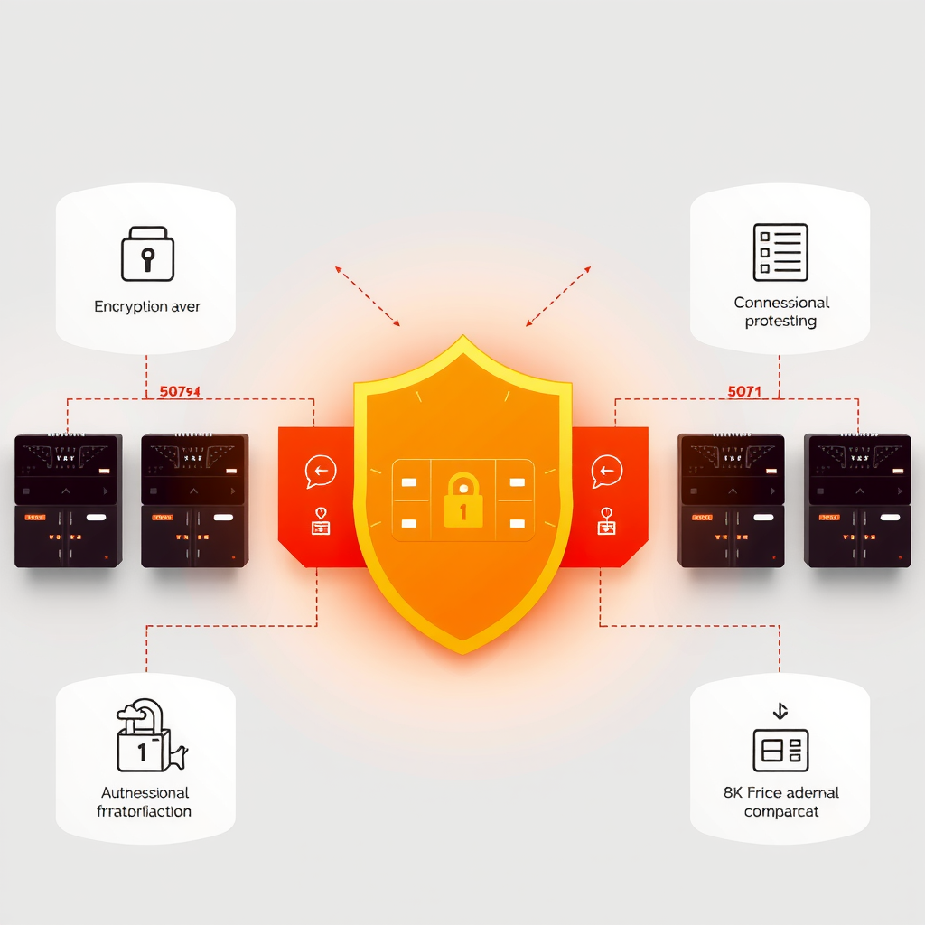 Comprehensive security infrastructure diagram showing encryption layers, firewalls, secure servers, authentication systems, and multiple security protocols protecting PizzaPizza customer data