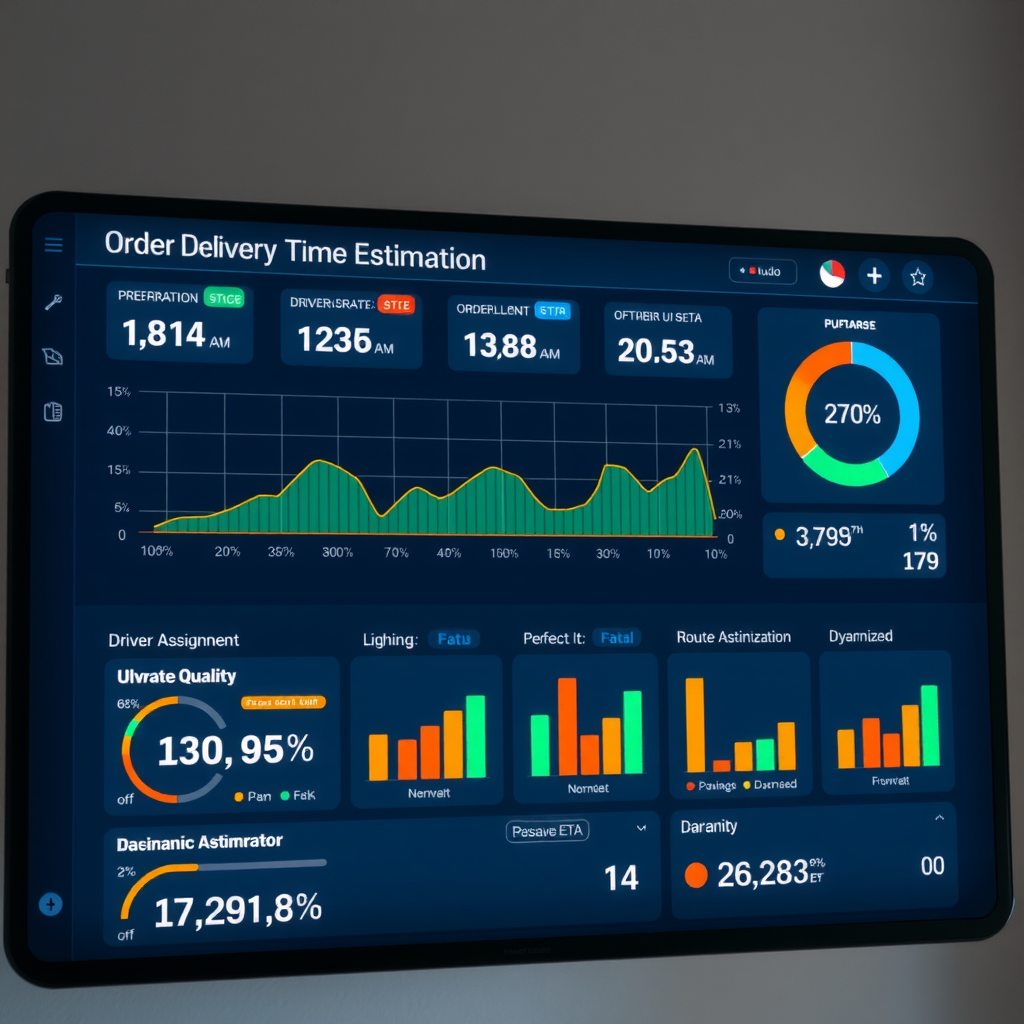 Real-time delivery time estimation dashboard showing order preparation stages, driver assignment, route optimization, and dynamic ETA updates