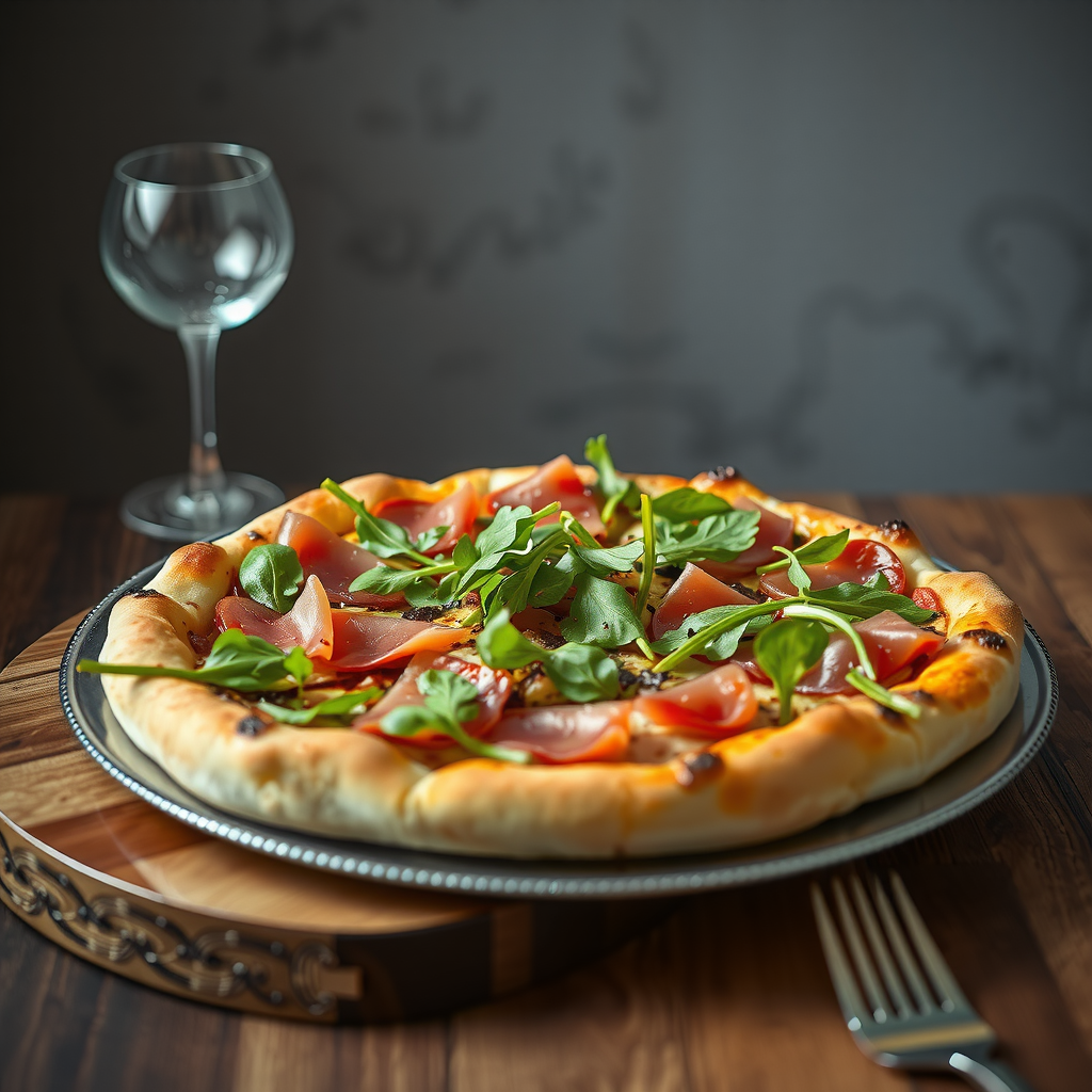 Gourmet PizzaPizza specialty catering pizza featuring premium ingredients like prosciutto, fresh arugula, and balsamic reduction on elegant serving platter