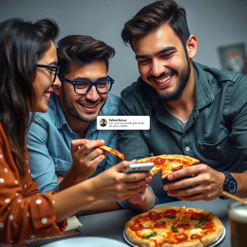 Friends sharing pizza together while looking at referral bonus notification on smartphone, showing successful referral rewards being credited