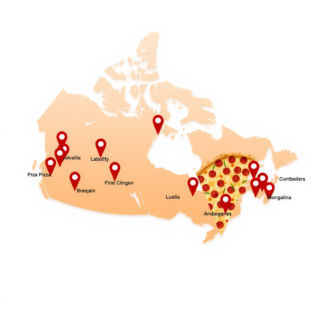 Map of Canada with location pins showing PizzaPizza corporate service coverage across major cities