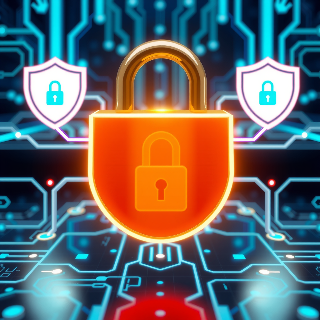 Secure digital lock icon with encrypted data streams and shield symbols representing PizzaPizza's commitment to protecting customer information, modern cybersecurity visualization with blue and green secure connection indicators