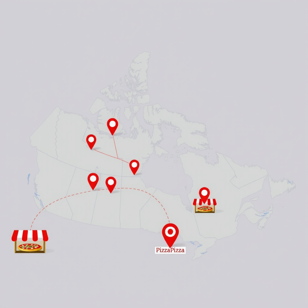 Map of Canada with pins showing farm locations and PizzaPizza restaurants connected by lines illustrating distribution network