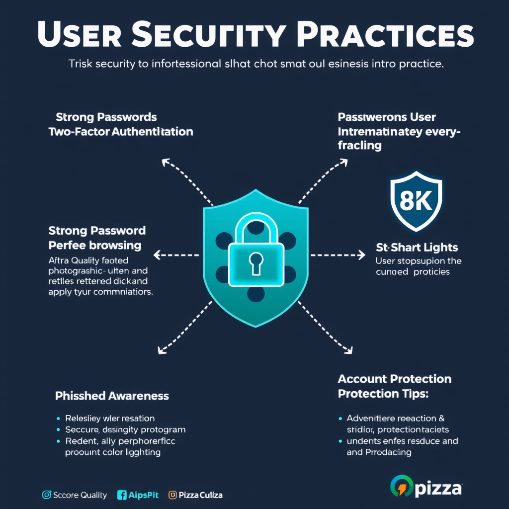 Infographic showing user security best practices including strong passwords, two-factor authentication, secure browsing, phishing awareness, and account protection tips for PizzaPizza customers