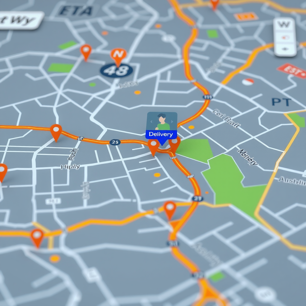Interactive live tracking map showing delivery driver's real-time location, optimized route, traffic conditions, and dynamic ETA with order status timeline