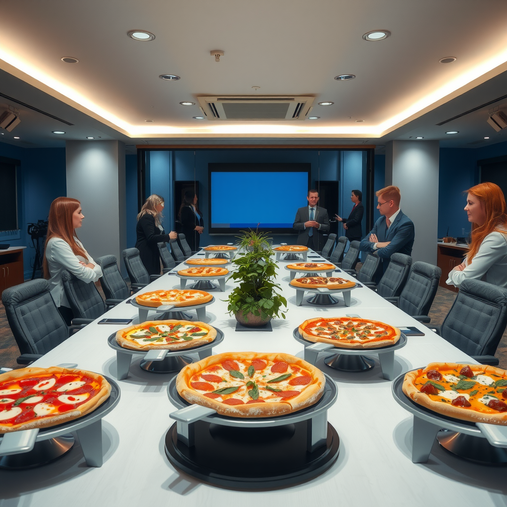 Professional corporate meeting room with PizzaPizza catering setup including buffet table with multiple pizza varieties and business professionals networking