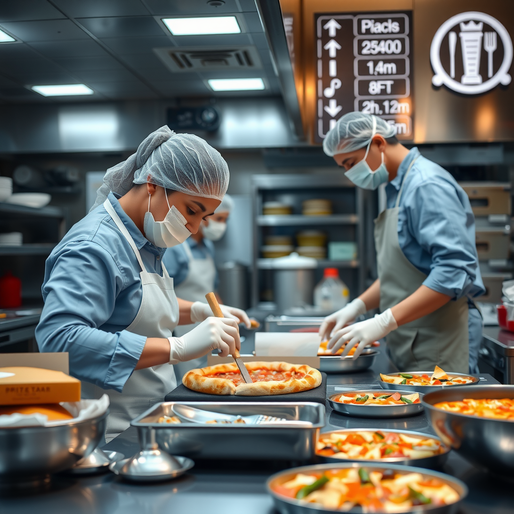 Professional kitchen staff at PizzaPizza preparing food with proper safety equipment and hygiene protocols, clean commercial kitchen environment with stainless steel surfaces, staff wearing gloves and following food safety procedures