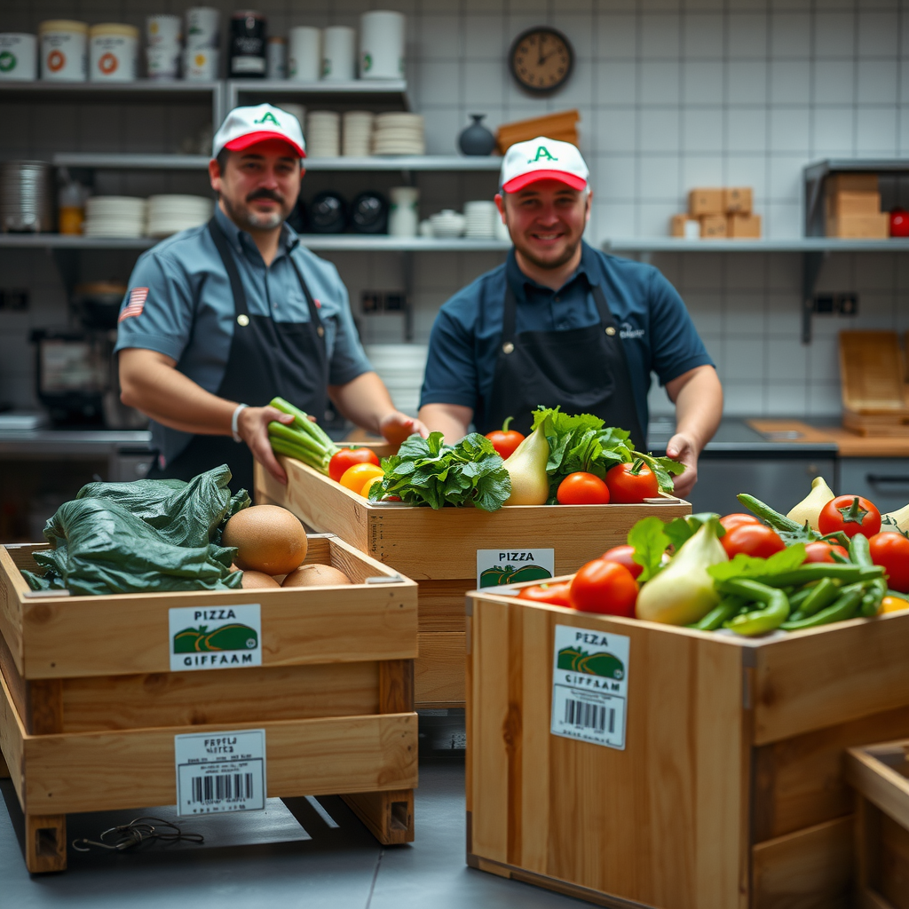 PizzaPizza kitchen staff receiving delivery of fresh produce in wooden crates with visible farm labels