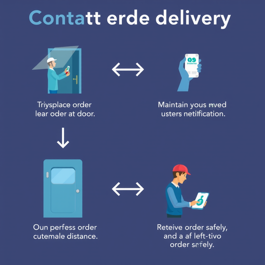 Step-by-step illustration of contactless delivery showing driver placing order at door, maintaining safe distance, customer receiving notification, and retrieving order safely