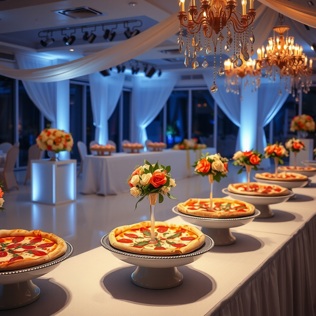 Elegant wedding reception featuring PizzaPizza gourmet catering with beautifully presented pizzas on decorative serving stations with floral arrangements and romantic lighting