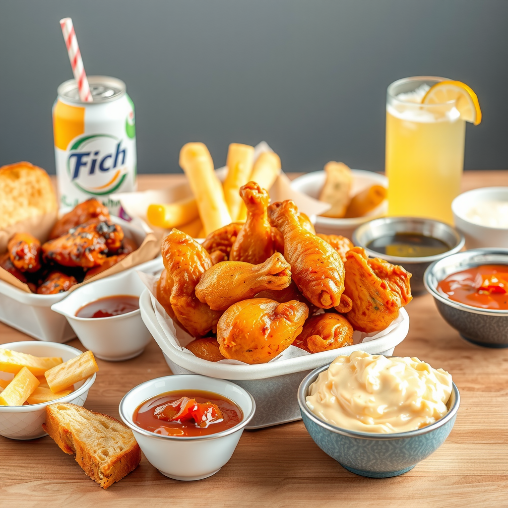 Assortment of side dishes including chicken wings, garlic bread, and soft drinks available for points redemption