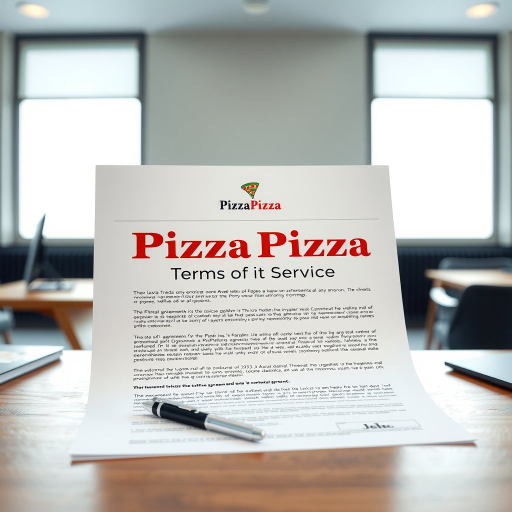 Professional legal document with PizzaPizza branding, showing terms of service pages on a modern desk with a pen, representing the formal agreement between the company and customers, clean office environment with natural lighting