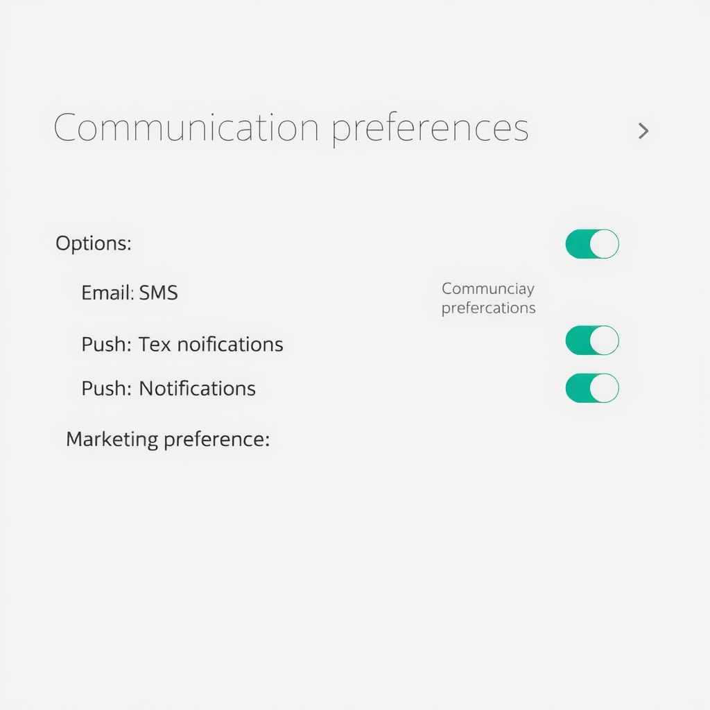 Communication preferences control panel showing options for email, SMS, push notifications, and marketing preferences with easy toggle switches for PizzaPizza customers