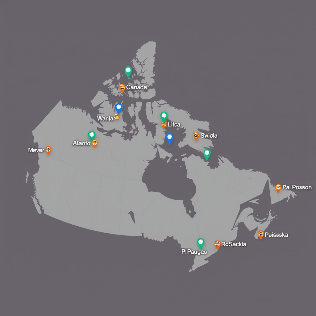 Map of Canada showing PizzaPizza's extensive catering coverage network across major cities with location markers and service area coverage