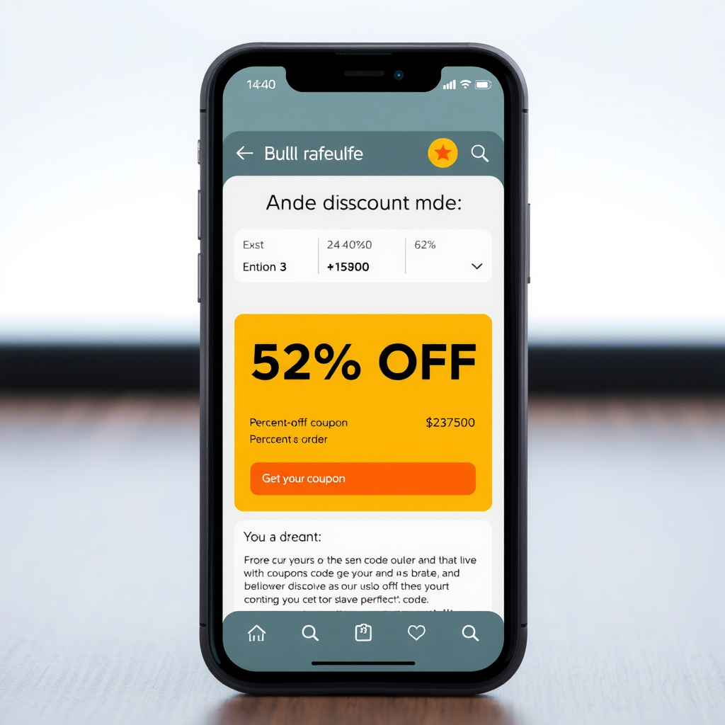 Mobile phone screen displaying discount code redemption interface with percentage off coupon being applied to order
